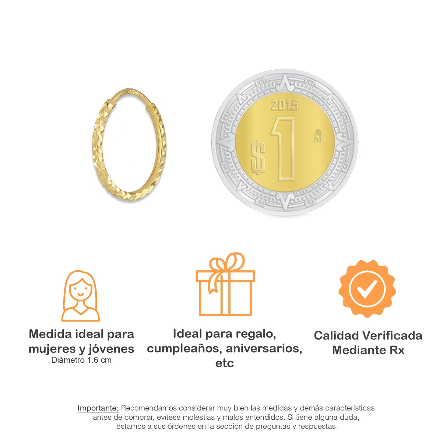 LPEAR019 Arete Arracada de Tubo Diamantada en Oro Sólido 14K 1.6 cm de Diámetro