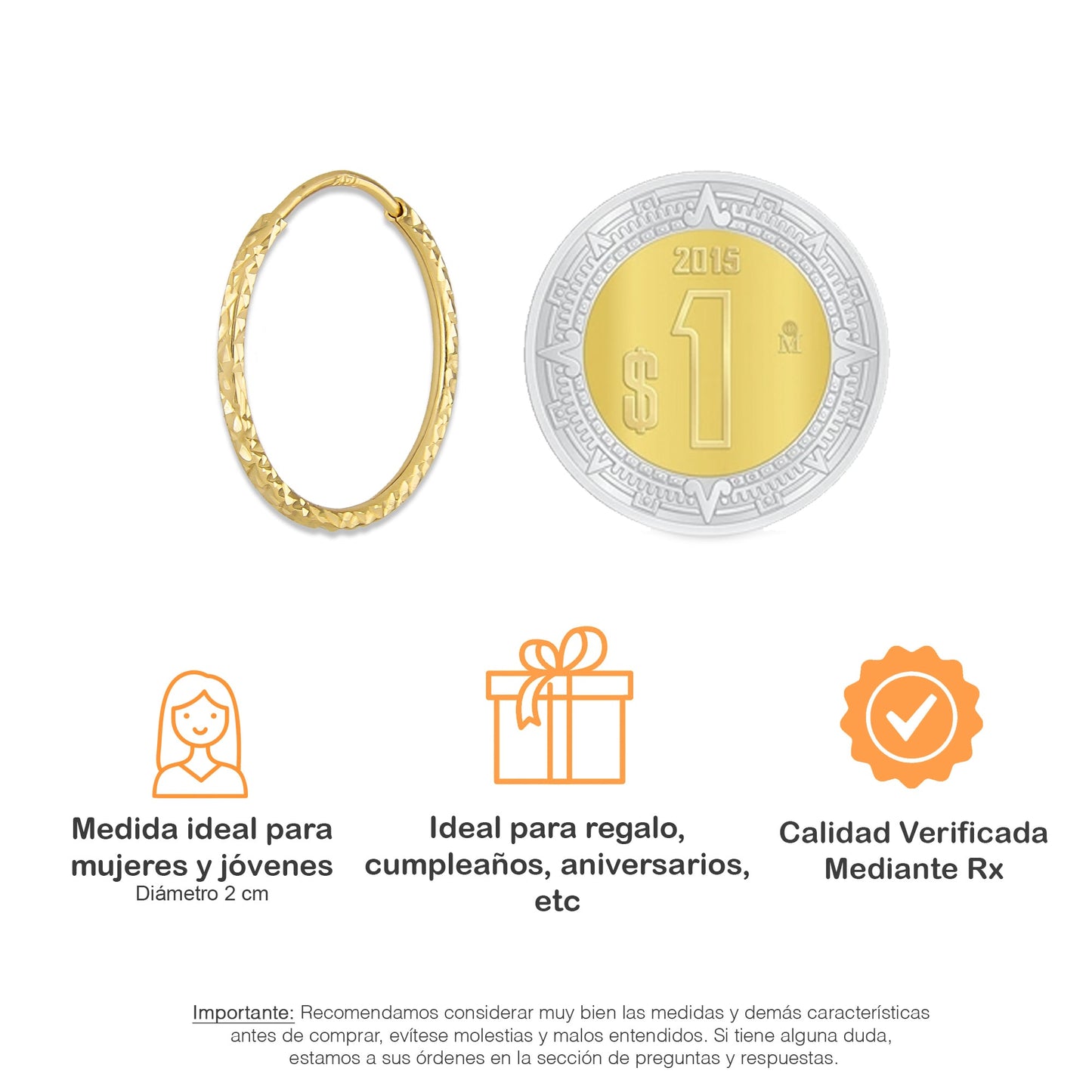 LPEAR020 Arete Arracada de Tubo Diamantada en Oro Sólido 14K 2 cm de Diámetro