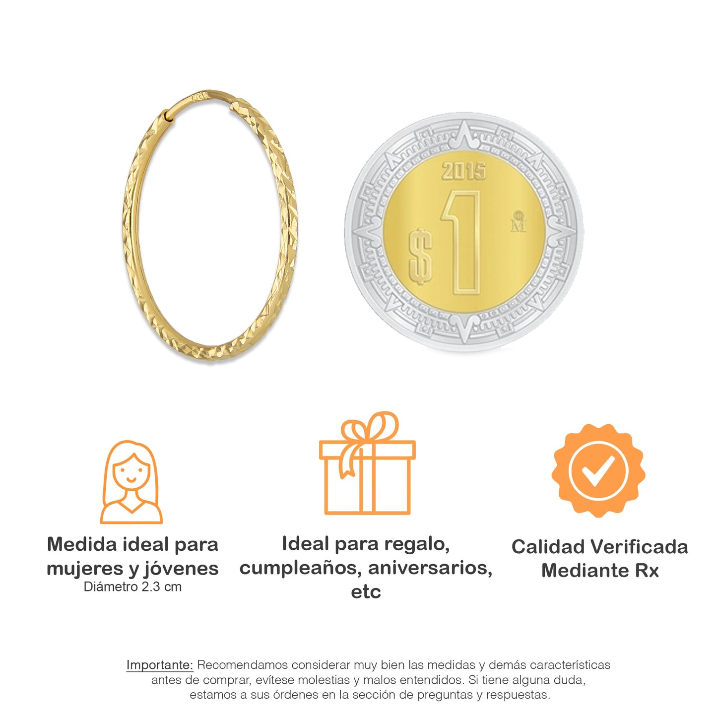 LPEAR021 Arete Arracada de Tubo Diamantada en Oro Sólido 14K 2.3 cm de Diámetro