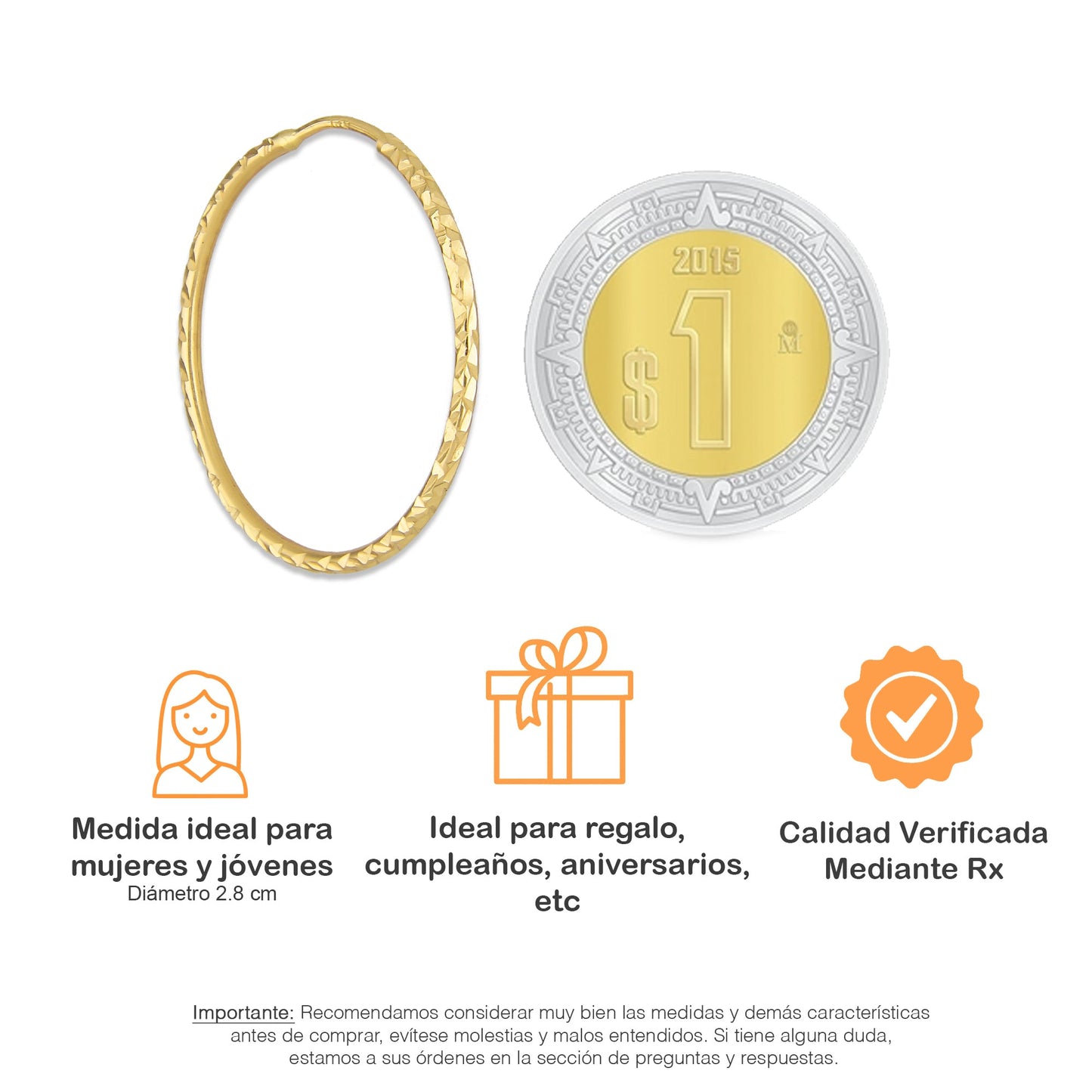 LPEAR022 Arete Arracada de Tubo Diamantada en Oro Sólido 14K 2.8 cm de Diámetro