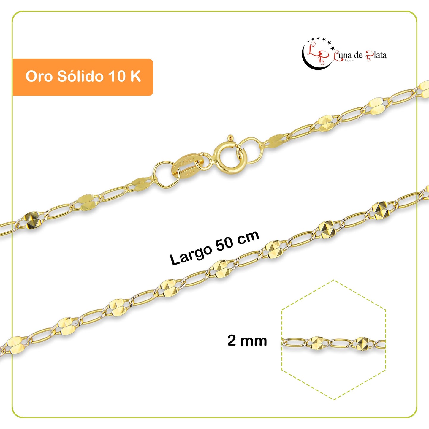 LPECU003-50 Cadena Oro Sólido 10K Mod Ancla Diamantada 1x1 2 mm x 50 cm 2531193663