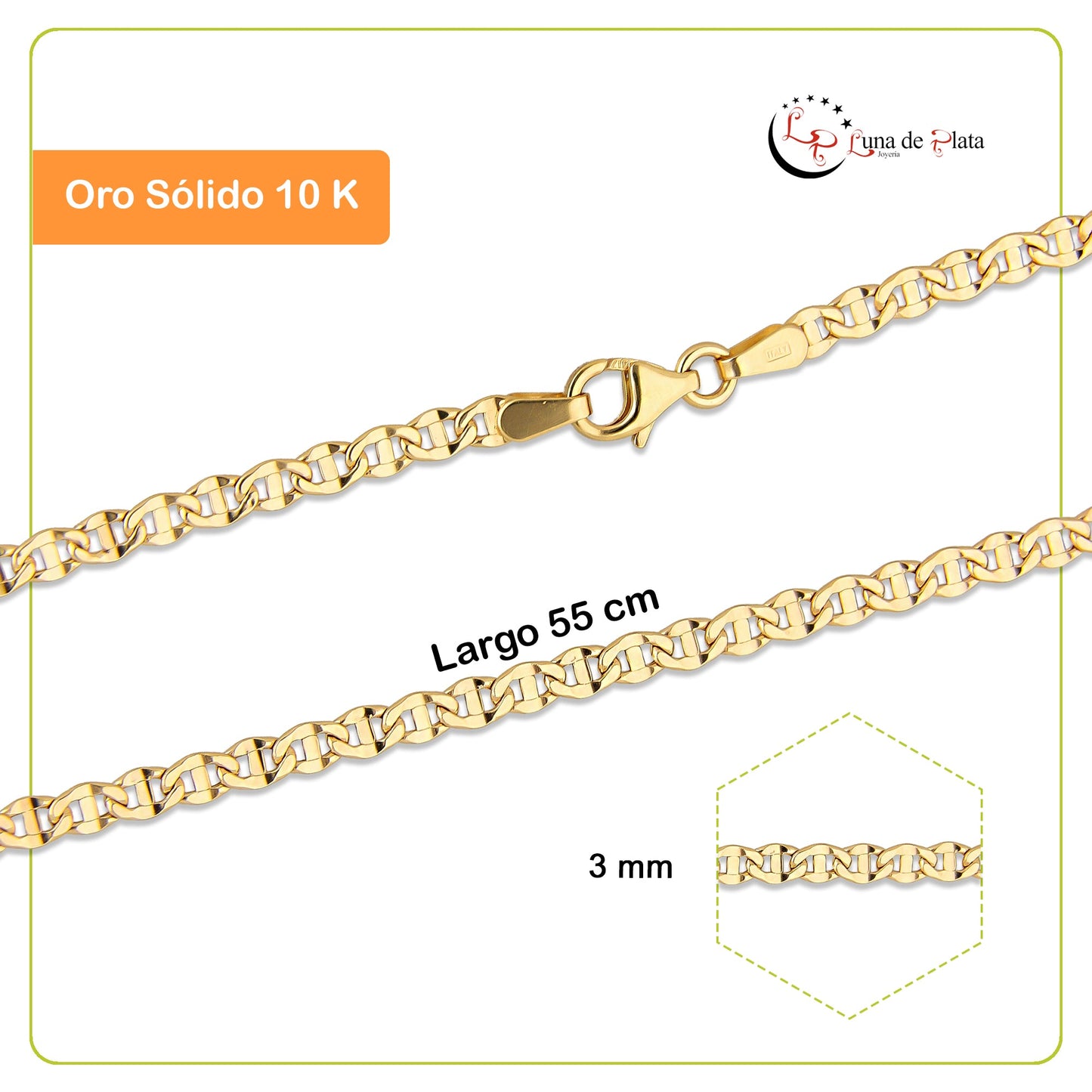 LPECU005-55 Cadena Oro Sólido 10K Mod Ancla Lisa 3 mm x 55 cm
