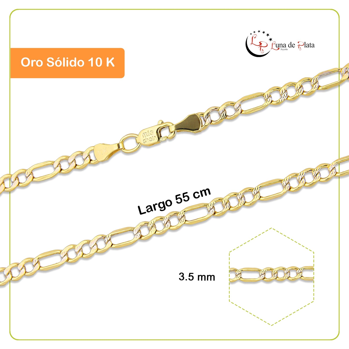LPECU006-55 Cadena Oro Sólido 10K Mod Fígaro 3*1 Diamantada 3.5 mm x 55 cm