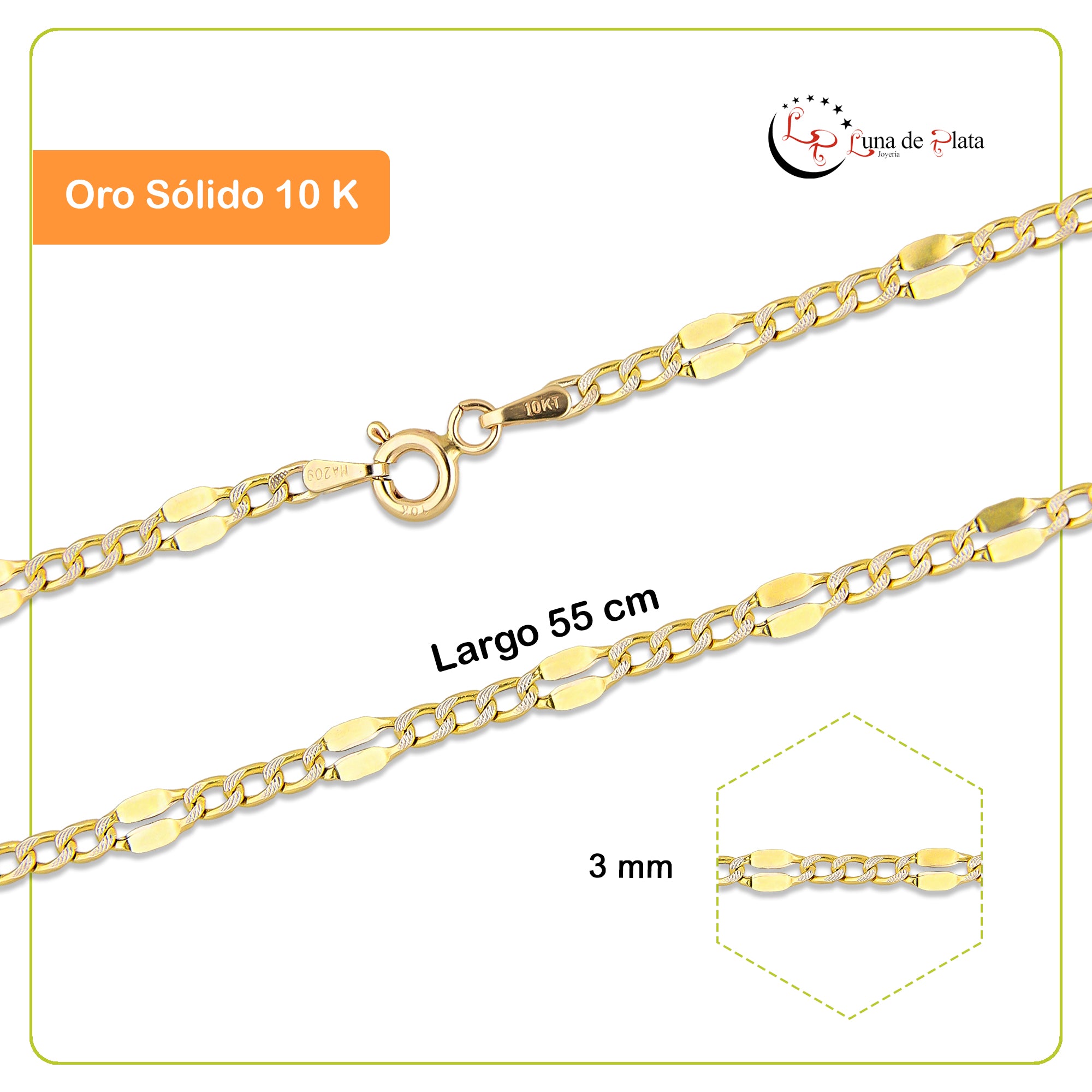 LPECU007-55 Cadena Oro Sólido 10K Mod Fígaro 3*1 Diamantada Forjada 2 mm x 55 cm