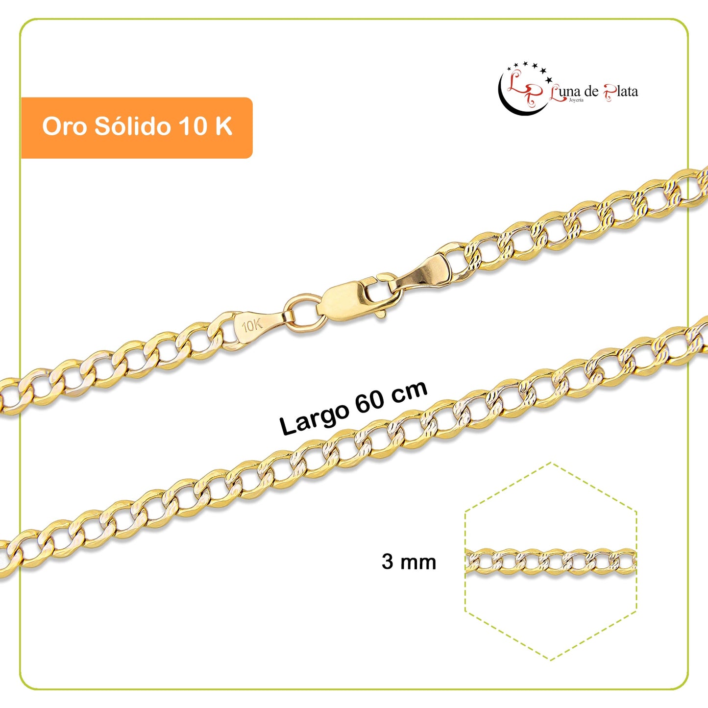LPECU008-60 Cadena Oro Sólido 10K Mod Fígaro 1*0 Diamantada 3 mm x 60 cm