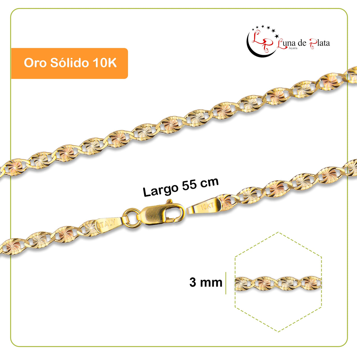 LPECU010-55 Cadena Oro Sólido 10K Florentino Mod Ancla Óvalo Diamantada 3 mm x 55 cm