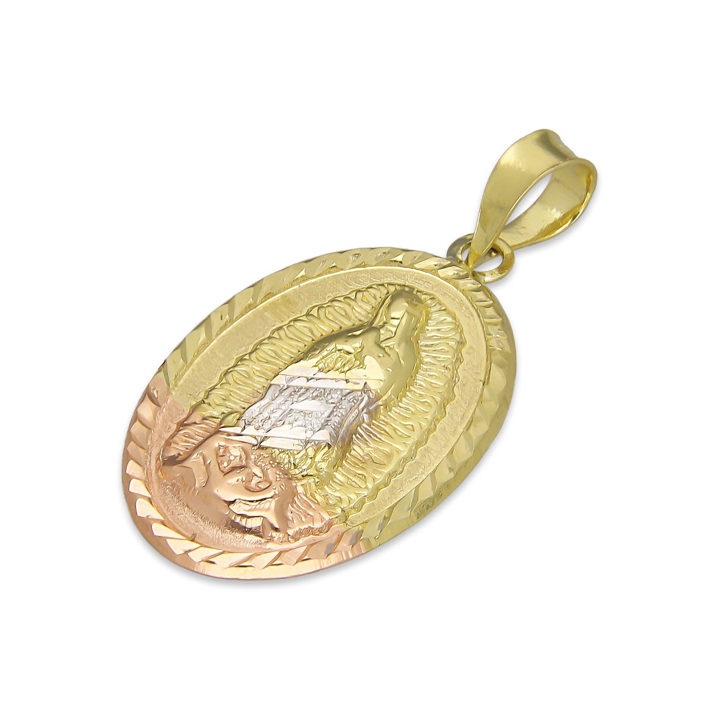 LPEDJ001 Dije Medalla Oval Troquelada Oro Sólido 14K Florentino Virgen de Guadalupe 1.5 cm x 2.8 cm 4287938864