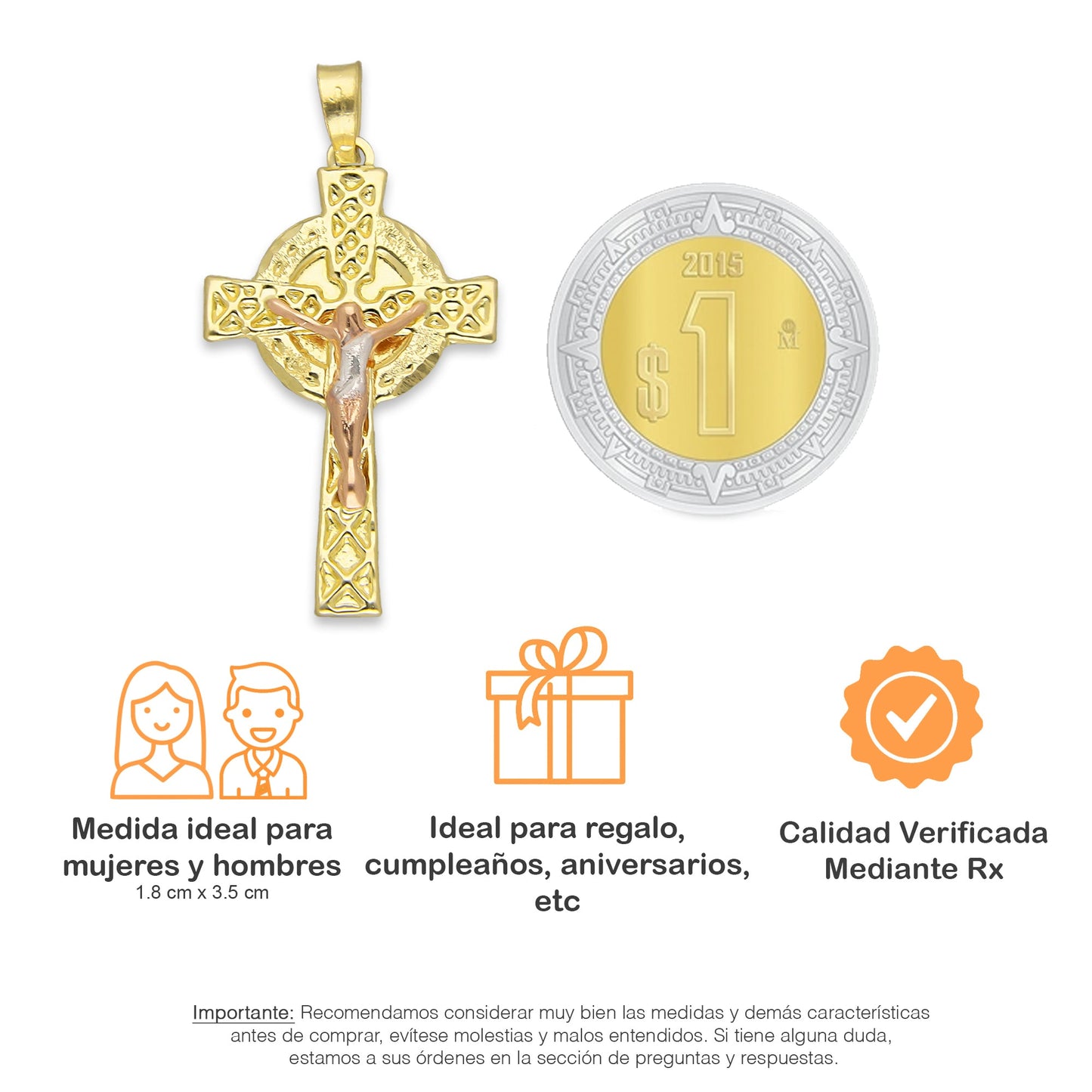 LPEDJ009 Dije Troquelado Oro Sólido 14K Florentino Crucifijo Cruz Celta con Cristo 1.8 cm x 3.5 cm 4287913150