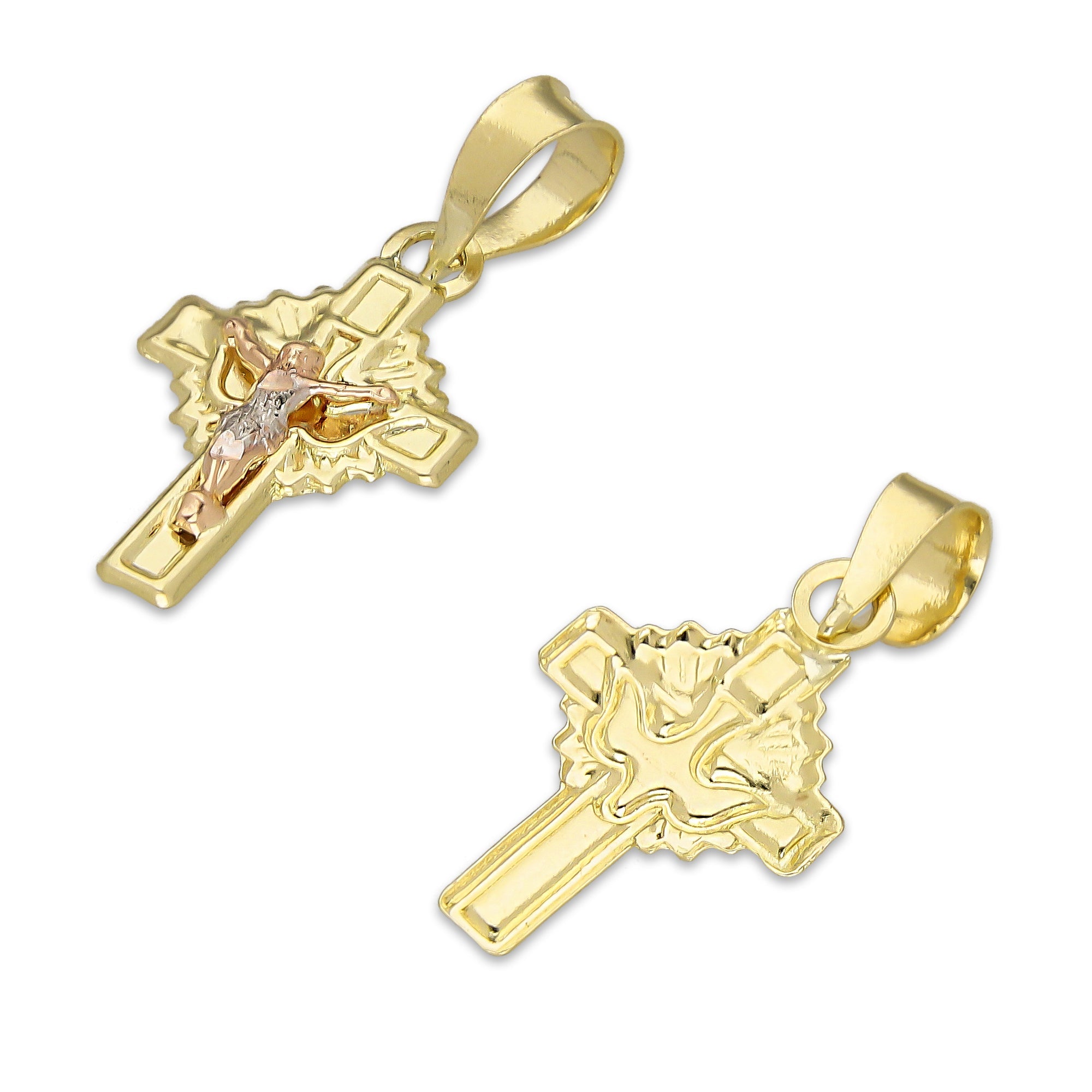 LPEDJ019 Dije Troquelado Oro Sólido 14K Florentino Mini Crucifijo Espiritu Santo 1 cm x 2.2 cm