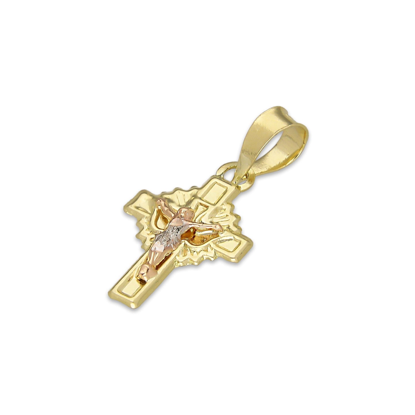LPEDJ019 Dije Troquelado Oro Sólido 14K Florentino Mini Crucifijo Espiritu Santo 1 cm x 2.2 cm