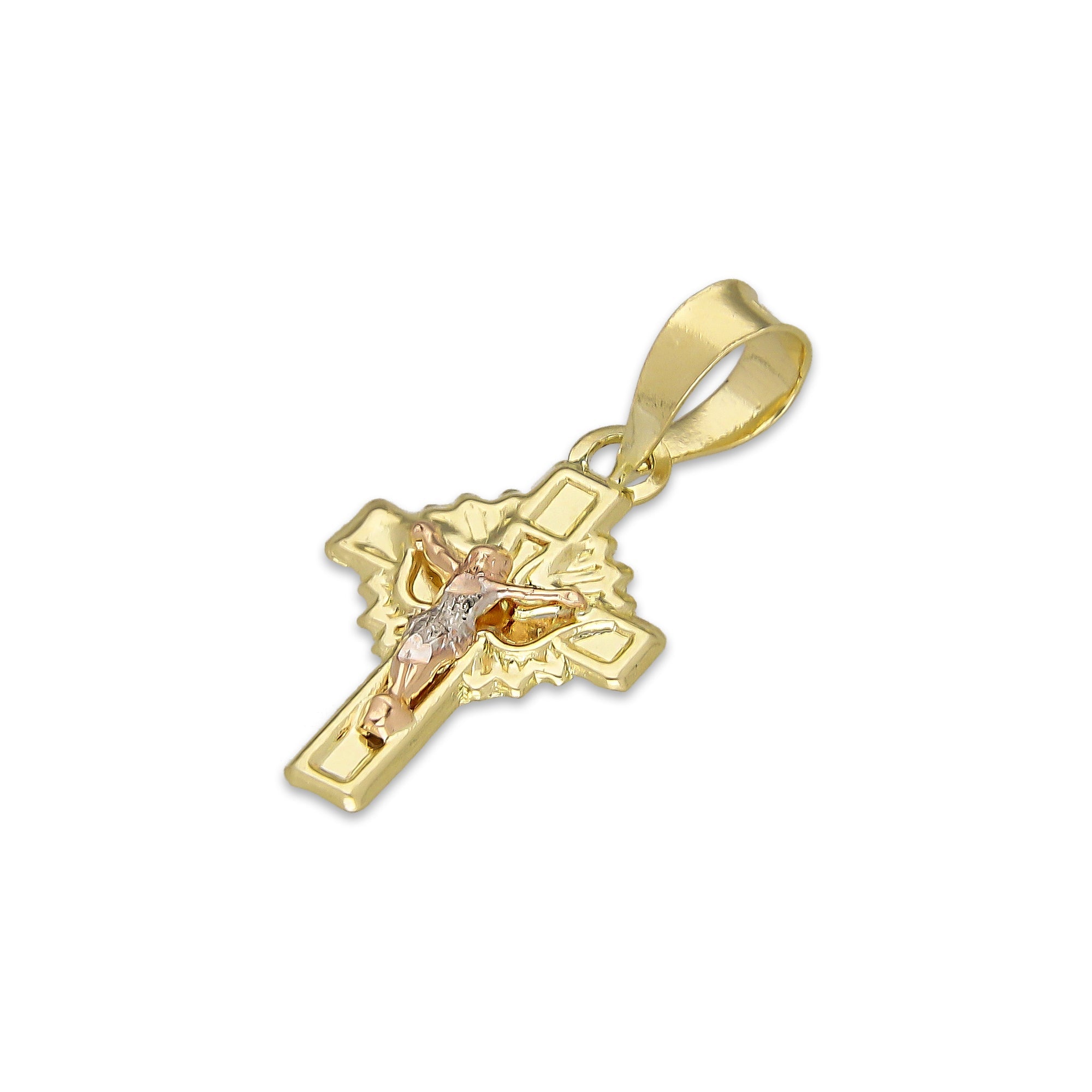 LPEDJ019 Dije Troquelado Oro Sólido 14K Florentino Mini Crucifijo Espiritu Santo 1 cm x 2.2 cm