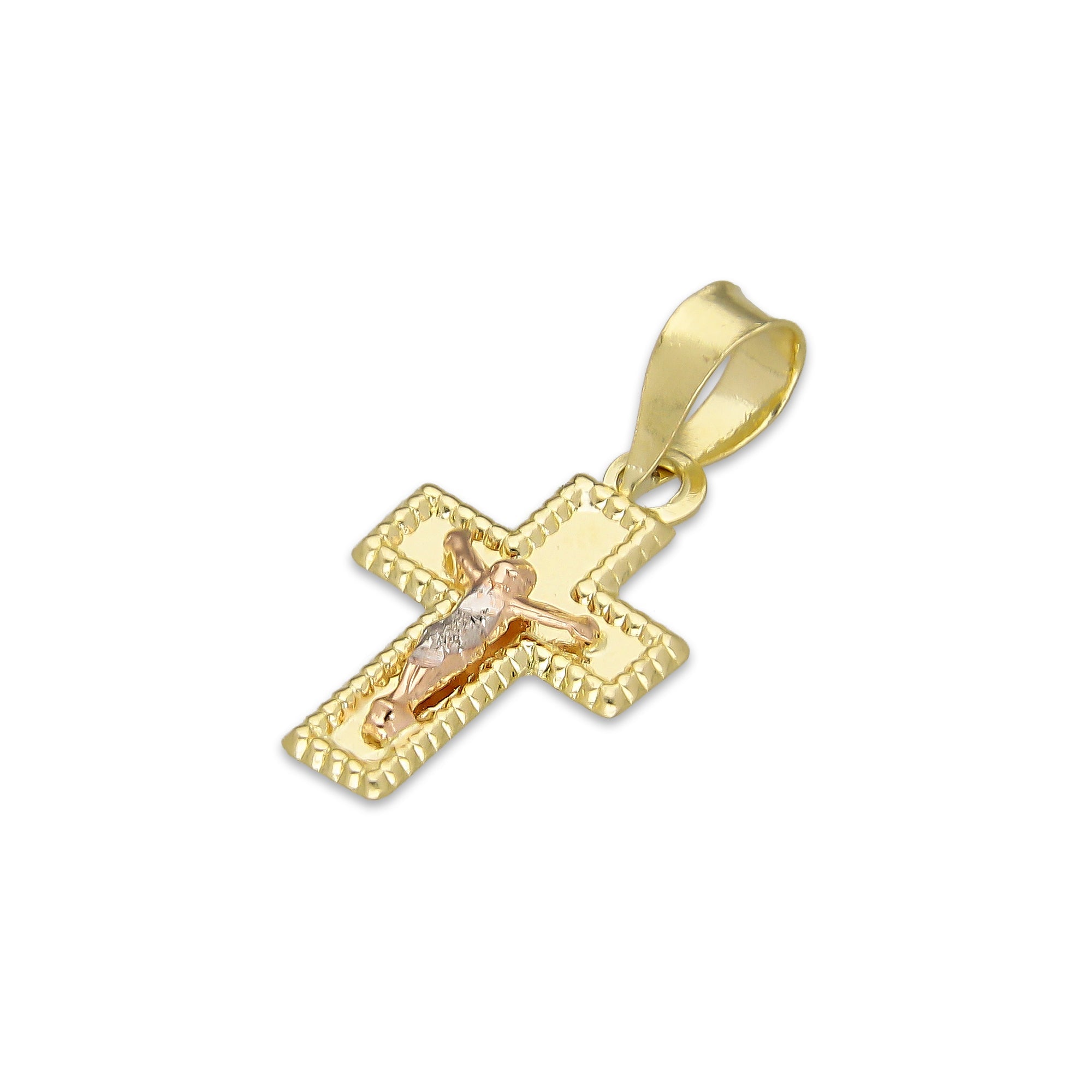 LPEDJ020 Dije Troquelado Oro Sólido 14K Florentino Mini Crucifijo Perl 9.5 mm x 2.1 cm