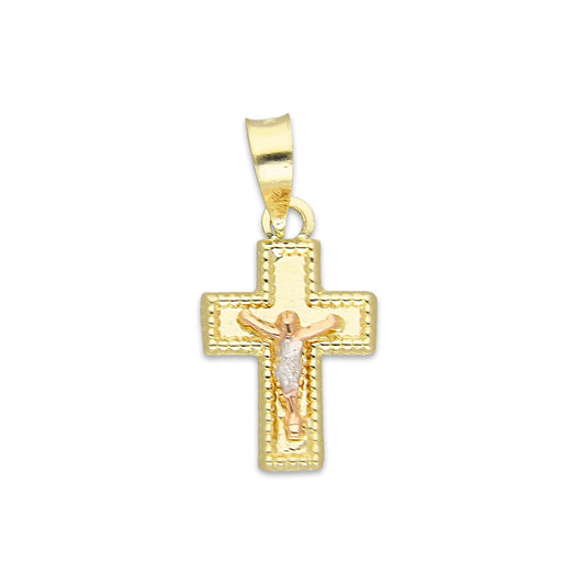 LPEDJ020 Dije Troquelado Oro Sólido 14K Florentino Mini Crucifijo Perl 9.5 mm x 2.1 cm