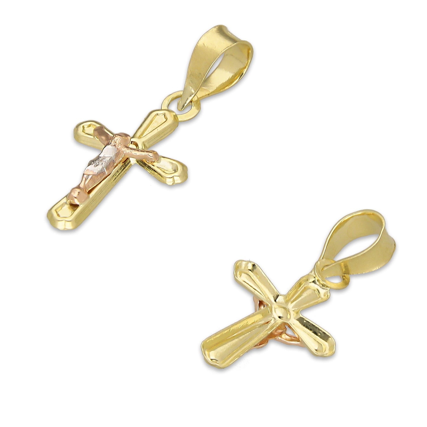 LPEDJ021 Dije Troquelado Oro Sólido 14K Florentino Mini Crucifijo Slim 1 cm x 2.2. cm
