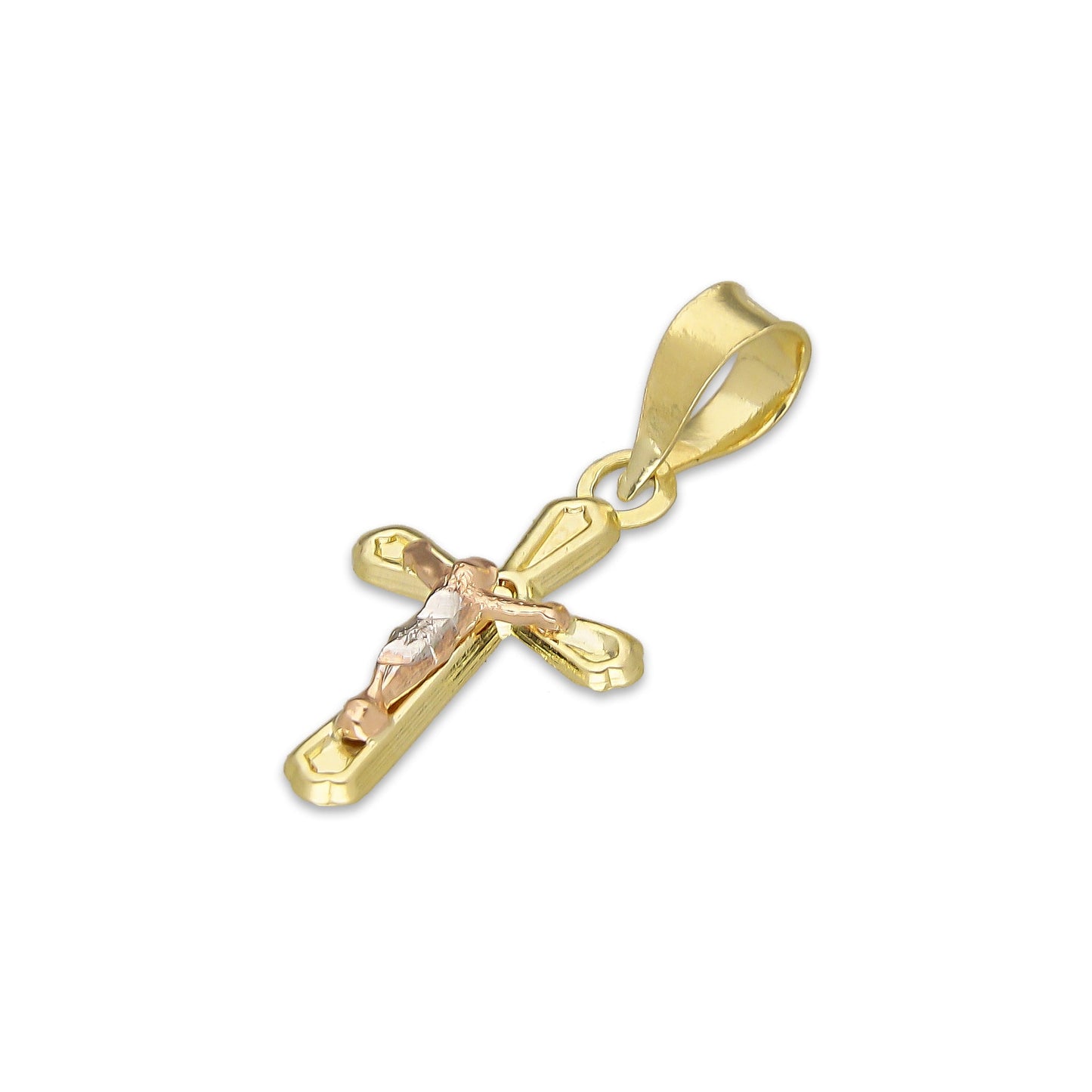 LPEDJ021 Dije Troquelado Oro Sólido 14K Florentino Mini Crucifijo Slim 1 cm x 2.2. cm