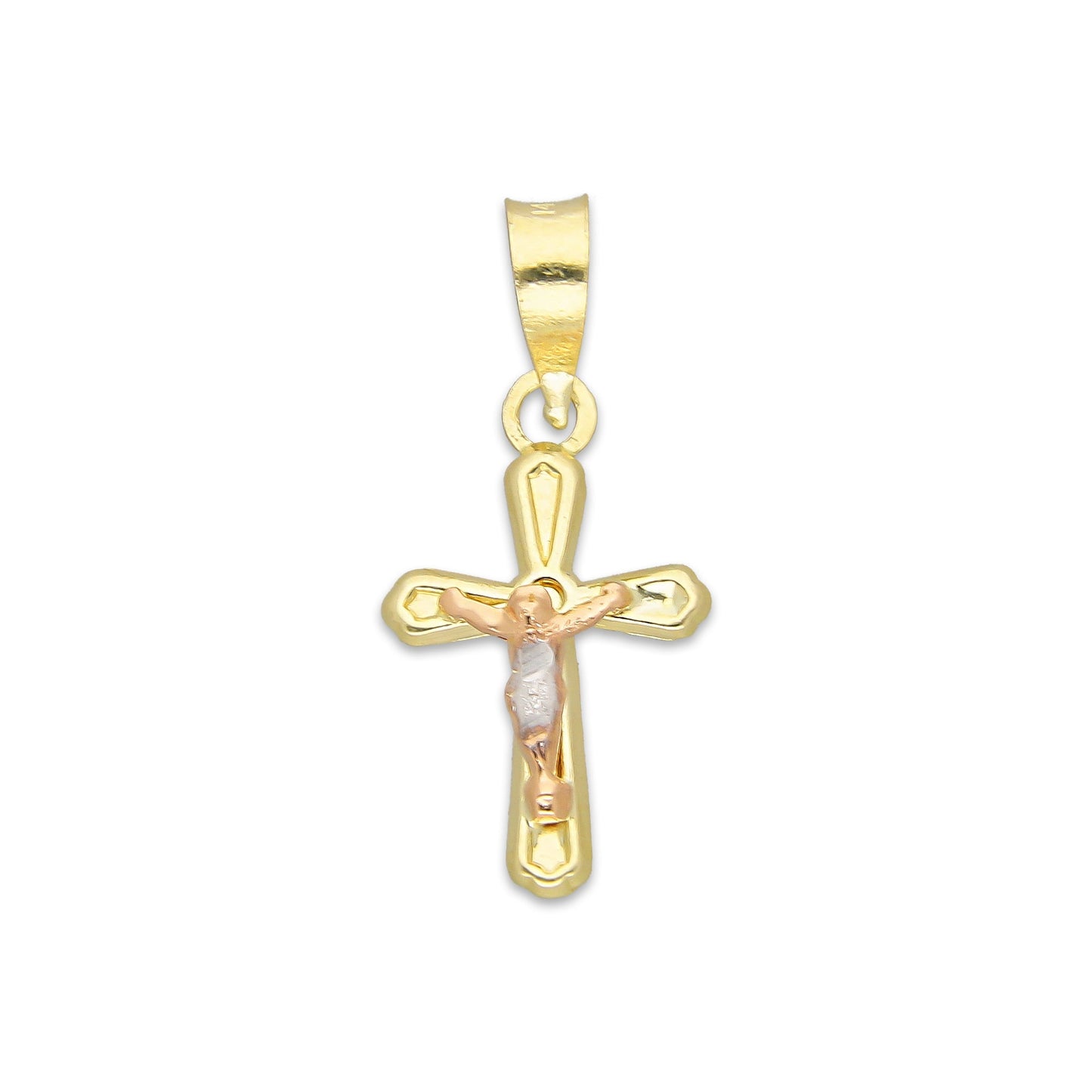 LPEDJ021 Dije Troquelado Oro Sólido 14K Florentino Mini Crucifijo Slim 1 cm x 2.2. cm
