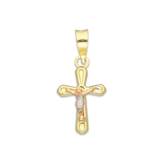 LPEDJ021 Dije Troquelado Oro Sólido 14K Florentino Mini Crucifijo Slim 1 cm x 2.2. cm