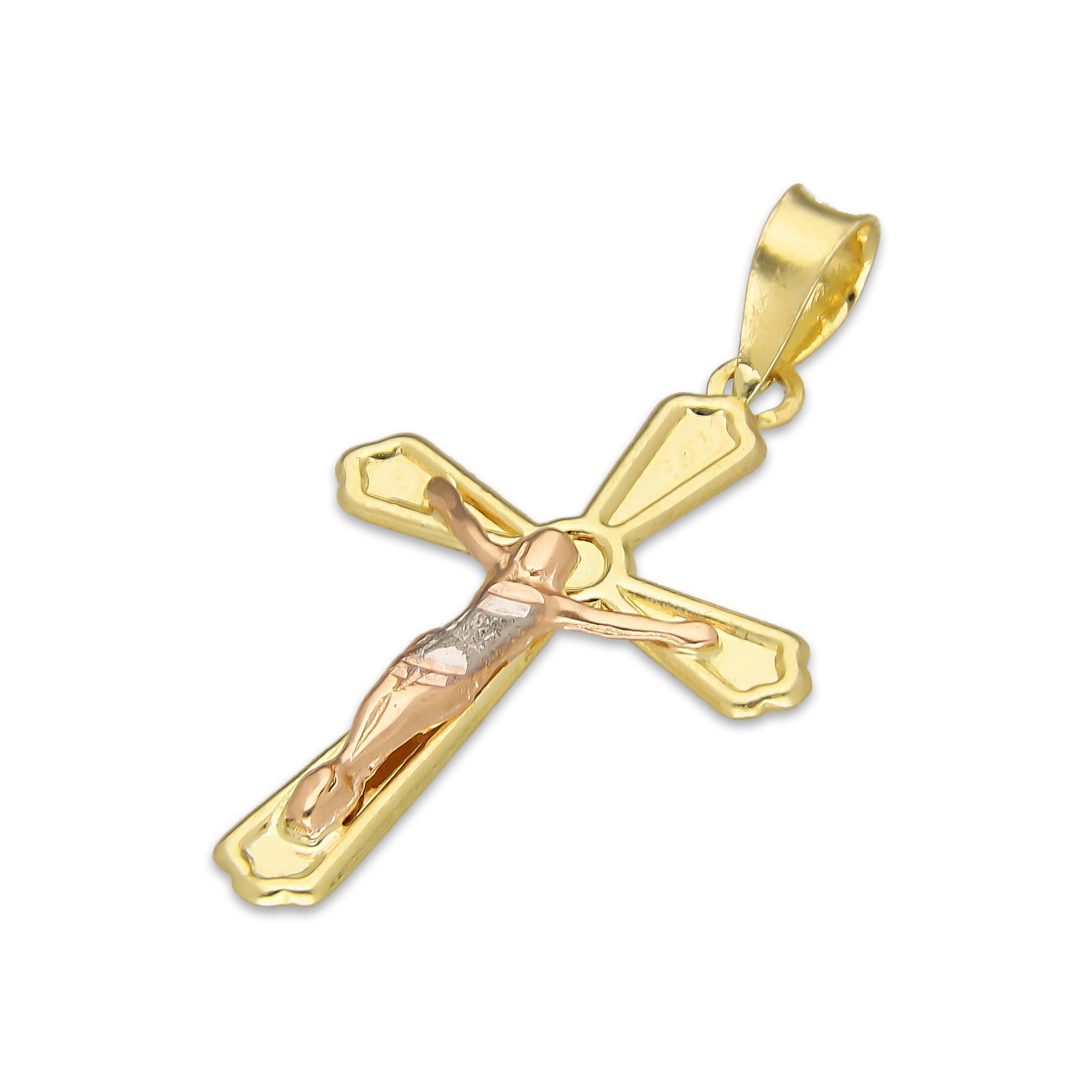 LPEDJ022 Dije Troquelado Oro Sólido 14K Florentino Crucifijo Slim Grande 2.1 cm x 3.1 cm