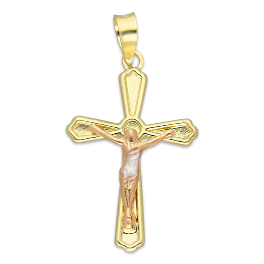 LPEDJ022 Dije Troquelado Oro Sólido 14K Florentino Crucifijo Slim Grande 2.1 cm x 3.1 cm