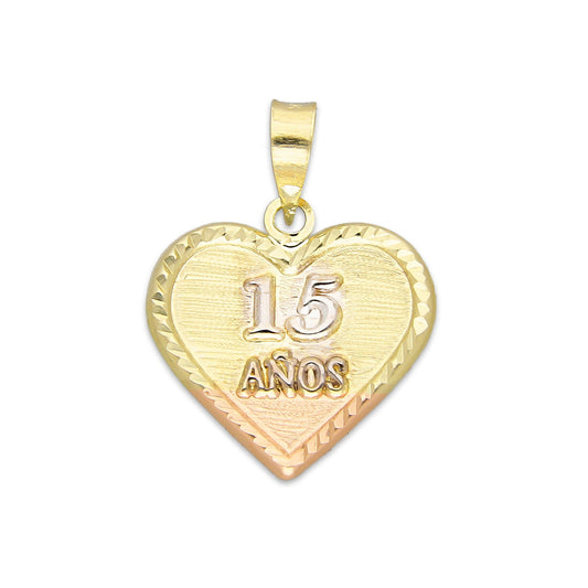 LPEDJ023 Dije Troquelado Oro Sólido 14K Florentino Corazón XV Años 1.6 cm x 2.2 cm