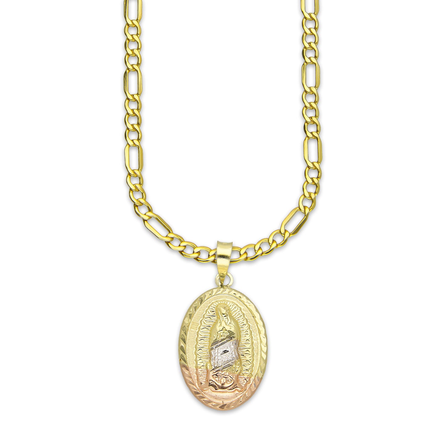 LPEDP001 Cadena Oro Sólido 10K + Dije Medalla Oval Troquelada Oro Sólido 14K Florentino Virgen de Guadalupe 1.5 cm x 2.8 cm 4293620574