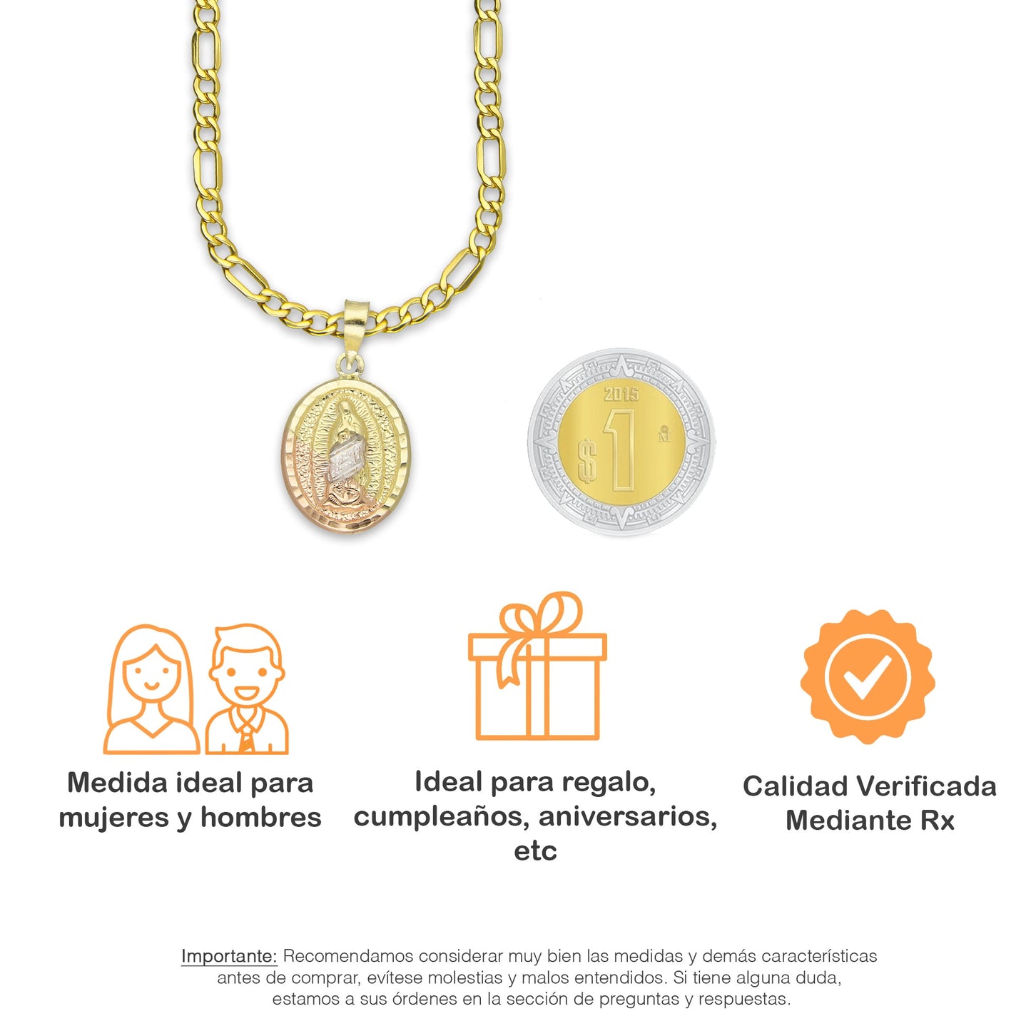 LPEDP002 Cadena Oro Sólido 10K + Dije Medalla Oval Troquelada Oro Sólido 14K Florentino Virgen de Guadalupe 1.3 cm x 2.4 cm 2533033781