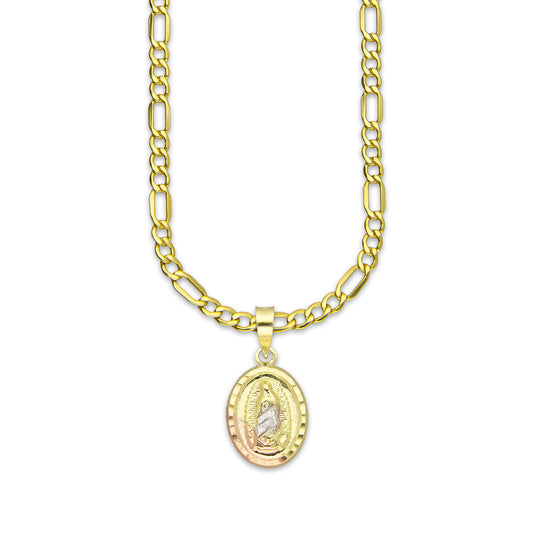 LPEDP003 Cadena Oro Sólido 10K + Dije Medalla Oval Troquelada Oro Sólido 14K Florentino Virgen de Guadalupe 1.1 cm x 2.2 cm 4293542958