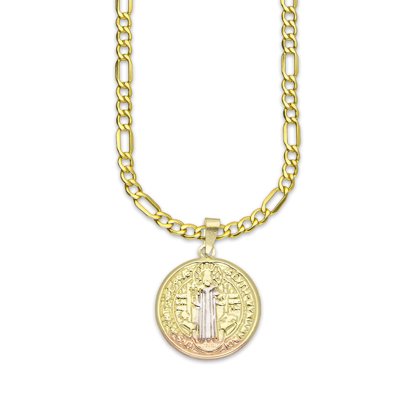 LPEDP004 Cadena Oro Sólido 10K + Dije Medalla Redonda Troquelada Oro Sólido 14K Florentino San Benito 1.8 cm x 2.5 cm 4293581798