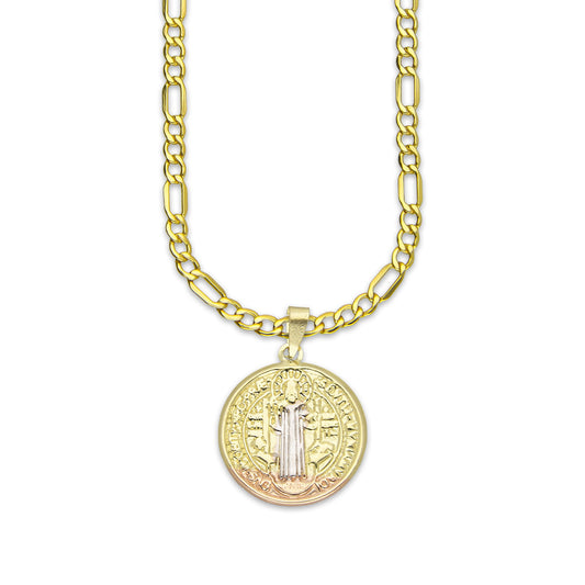 LPEDP004 Cadena Oro Sólido 10K + Dije Medalla Redonda Troquelada Oro Sólido 14K Florentino San Benito 1.8 cm x 2.5 cm 4293581798