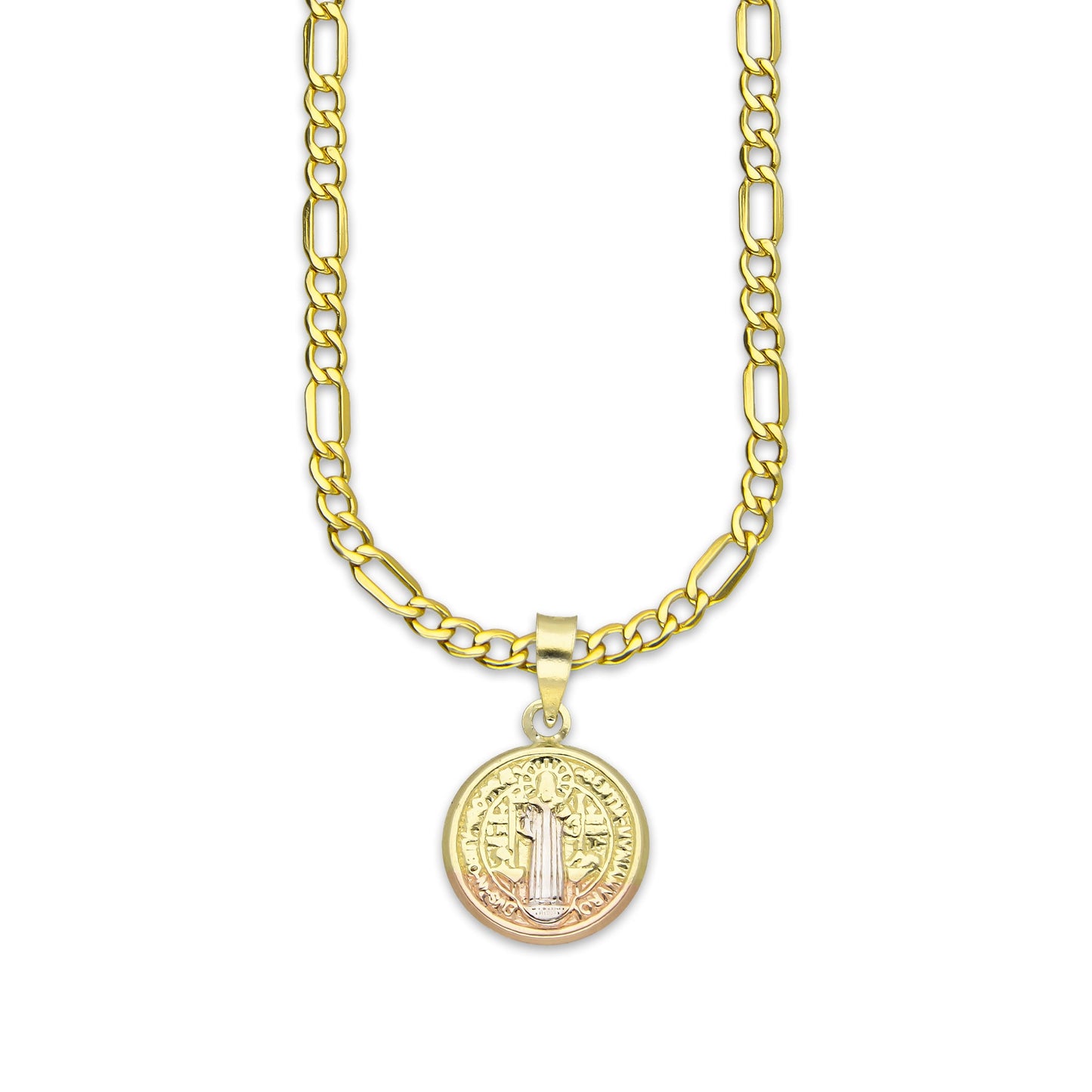 LPEDP005 Cadena Oro Sólido 10K + Dije Medalla Redonda Troquelada Oro Sólido 14K Florentino San Benito 1.3 cm x 2 cm 4293529870