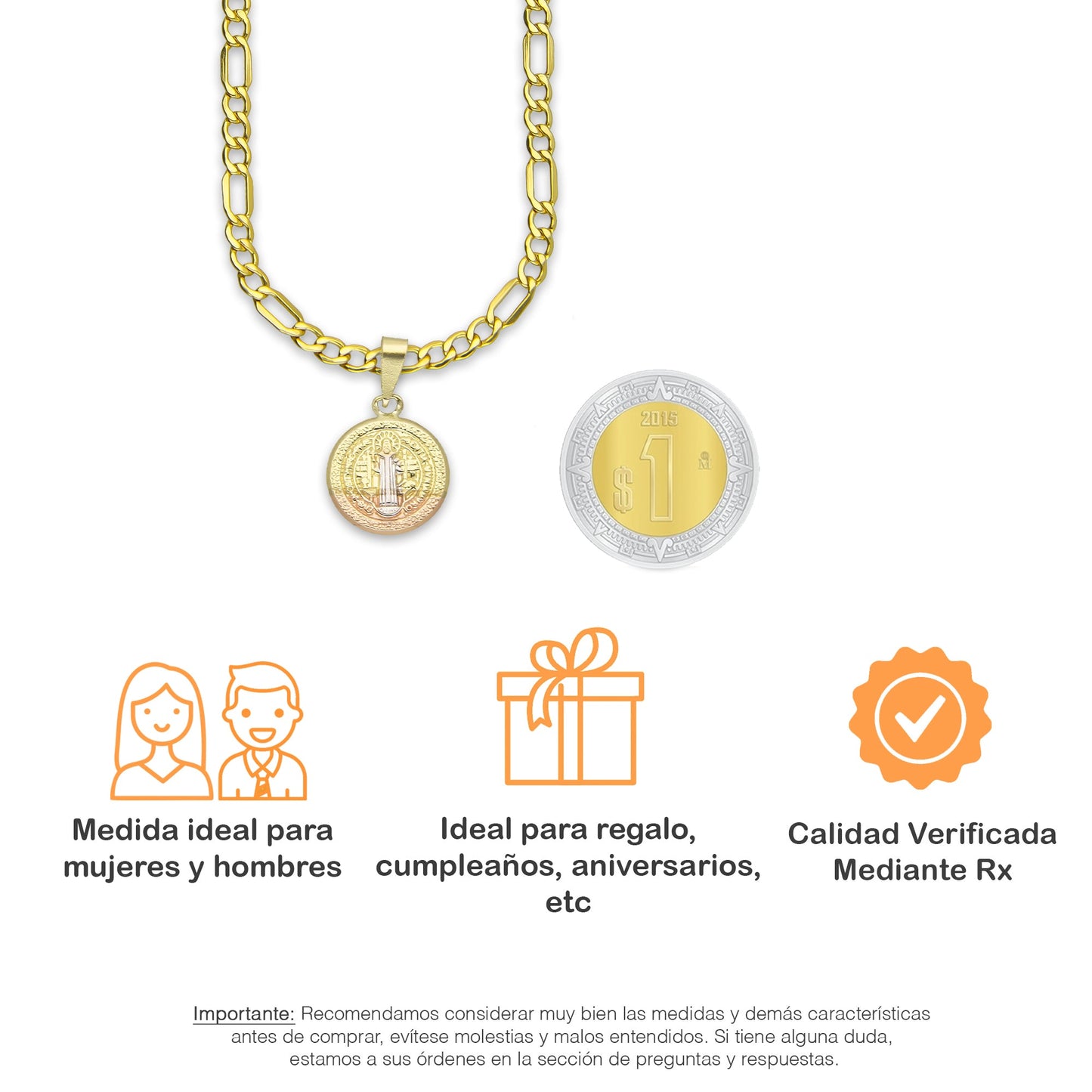 LPEDP006 Cadena Oro Sólido 10K + Dije Medalla Redonda Troquelada Oro Sólido 14K Florentino San Benito 1.1 cm x 1.9 cm 2533033783