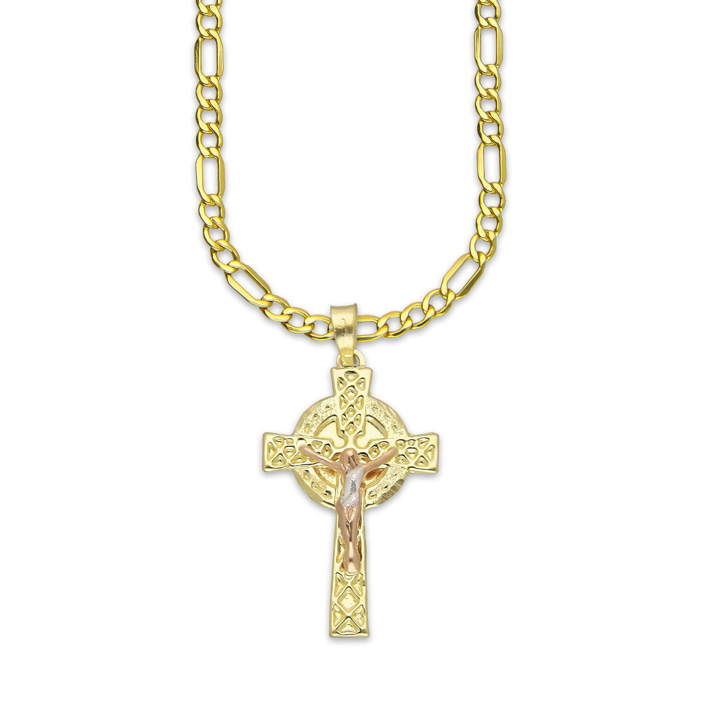 LPEDP009 Cadena Oro Sólido 10K + Dije Troquelado Oro Sólido 14K Florentino Crucifijo Cruz Celta con Cristo 1.8 cm x 3.5 cm 4293529872