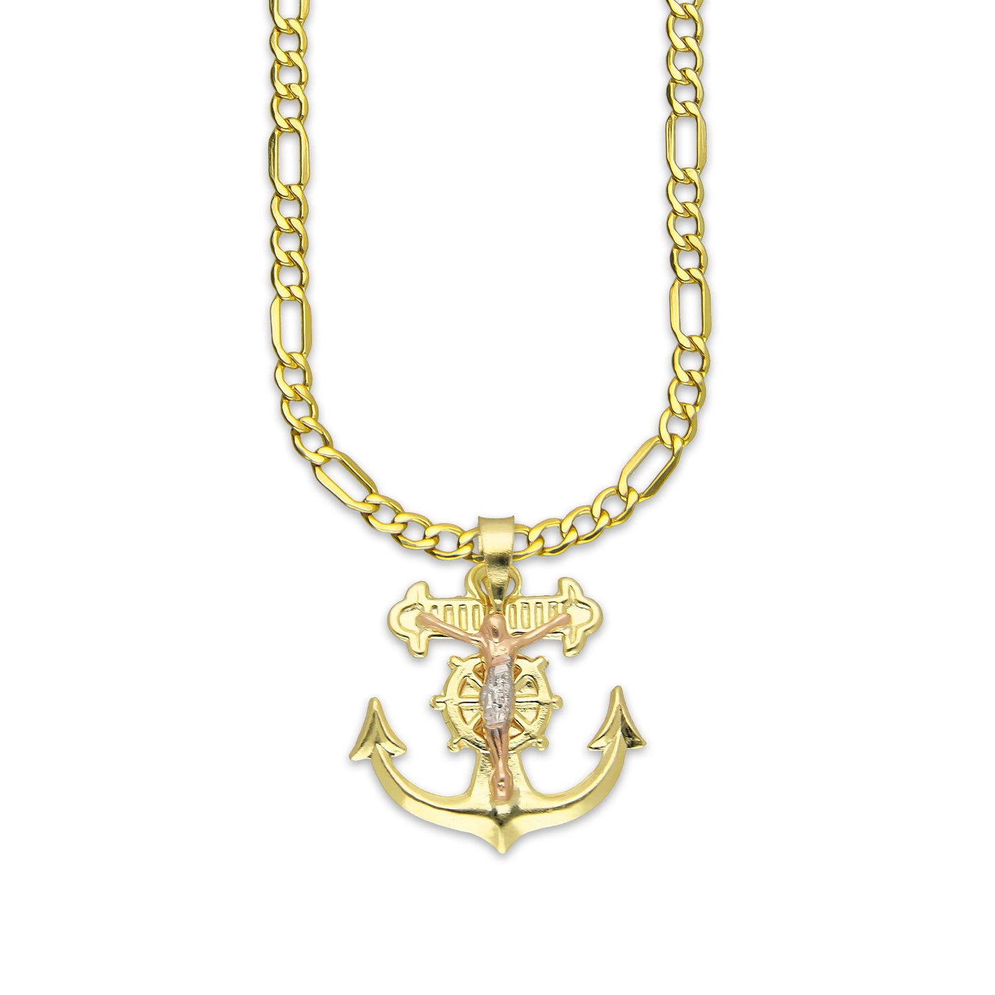 LPEDP010 Cadena Oro Sólido 10K + Dije Troquelado Oro Sólido 14K Florentino Crucifijo Ancla con Cristo 2 cm x 2.5 cm 4293711206