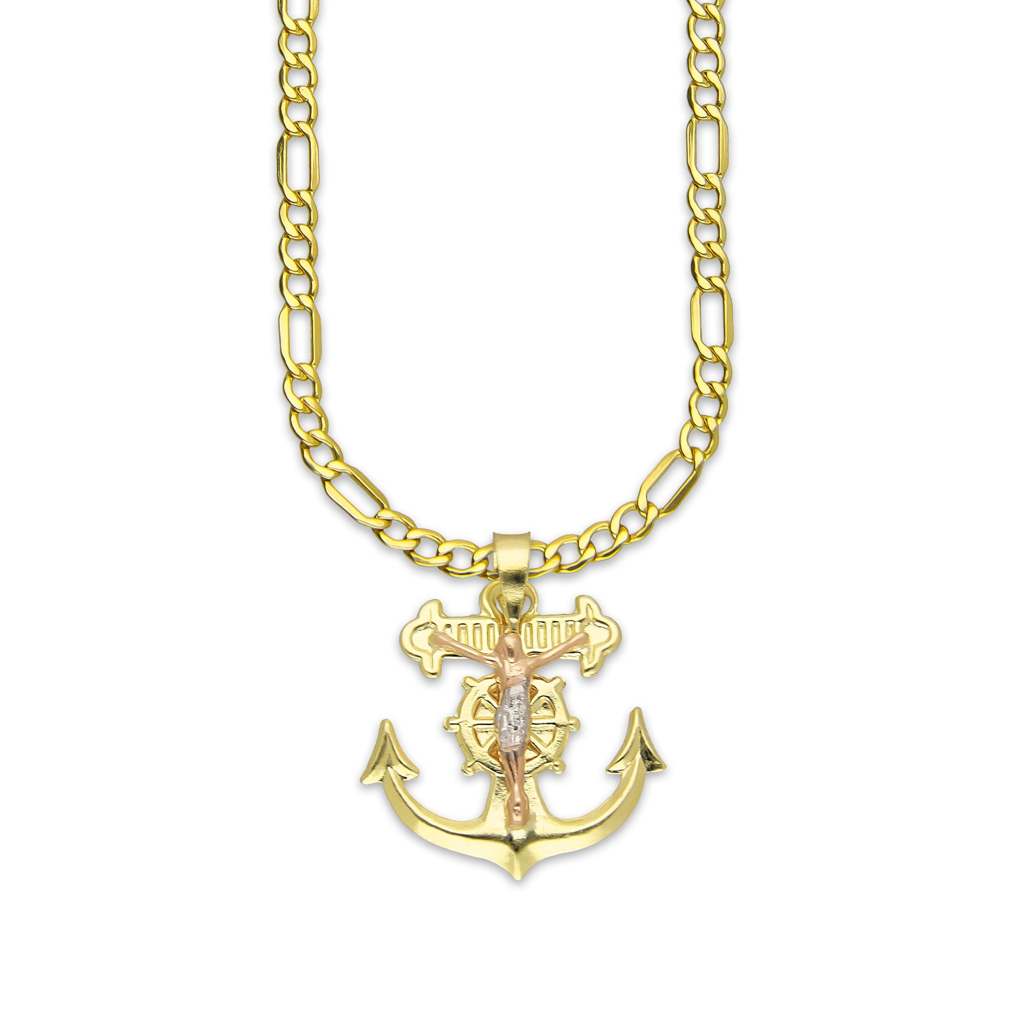 LPEDP010 Cadena Oro Sólido 10K + Dije Troquelado Oro Sólido 14K Florentino Crucifijo Ancla con Cristo 2 cm x 2.5 cm 4293711206