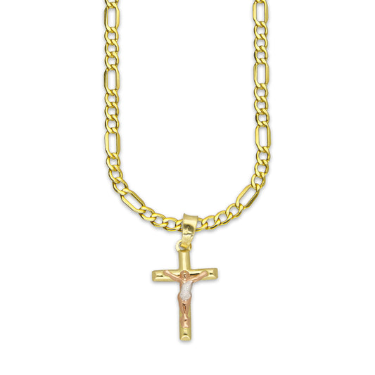 LPEDP011 Cadena Oro Sólido 10K + Dije Troquelado Oro Sólido 14K Florentino Crucifijo Cruz Media Caña con Cristo 1.2 cm x 2.5 cm 4293685406