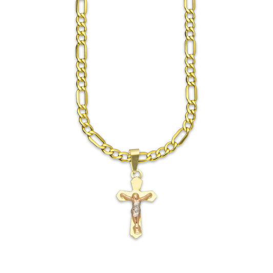 LPEDP012 Cadena Oro Sólido 10K + Dije Troquelado Oro Sólido 14K Florentino Crucifijo Cruz Lisa Goth con Cristo 1 cm x 2.4 cm 4293607530