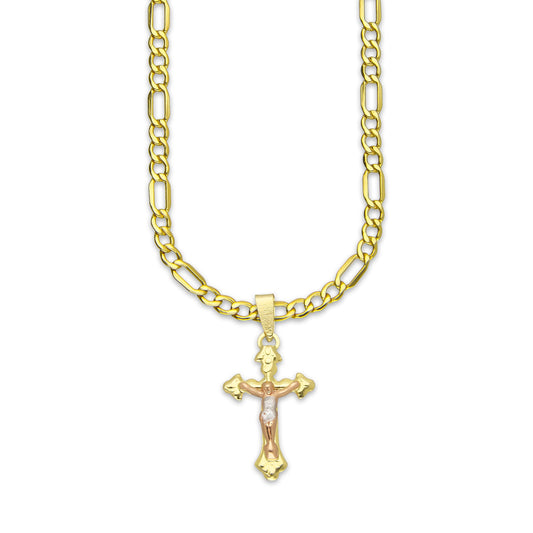 LPEDP013 Cadena Oro Sólido 10K + Dije Troquelado Oro Sólido 14K Florentino Crucifijo Cruz Ross Cristo 1.2 cm x 2.6 cm 4293749928