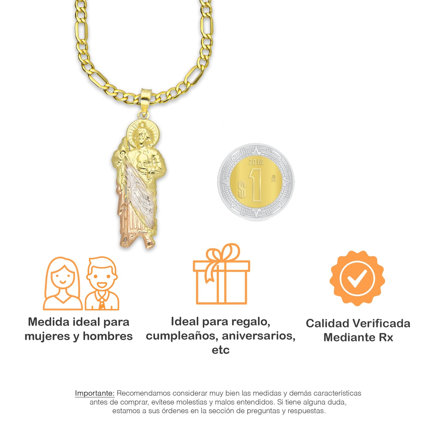 LPEDP014 Cadena Oro Sólido 10K + Dije Troquelado Oro Sólido 14K Florentino San Judas Tadeo 1.4 cm x 4.1 cm 4293555788