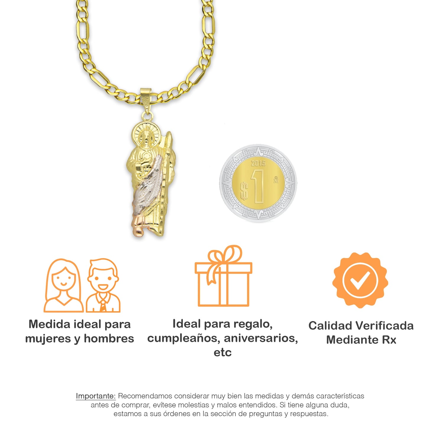 LPEDP015 Cadena Oro Sólido 10K + Dije Troquelado Oro Sólido 14K Florentino San Judas Tadeo 1.1 cm x 3.6 cm 4293749930