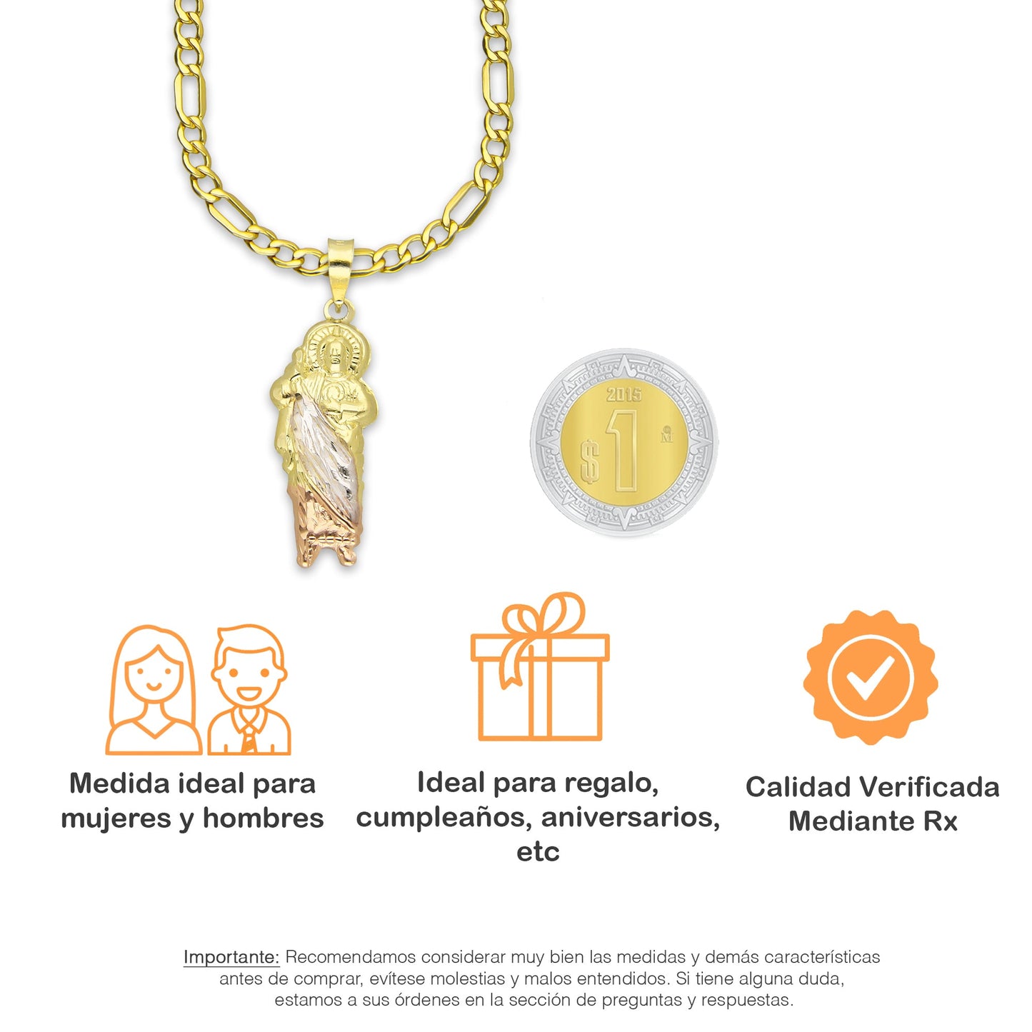 LPEDP016 Cadena Oro Sólido 10K + Dije Troquelado Oro Sólido 14K Florentino San Judas Tadeo 1 cm x 3.1 cm 4293672532