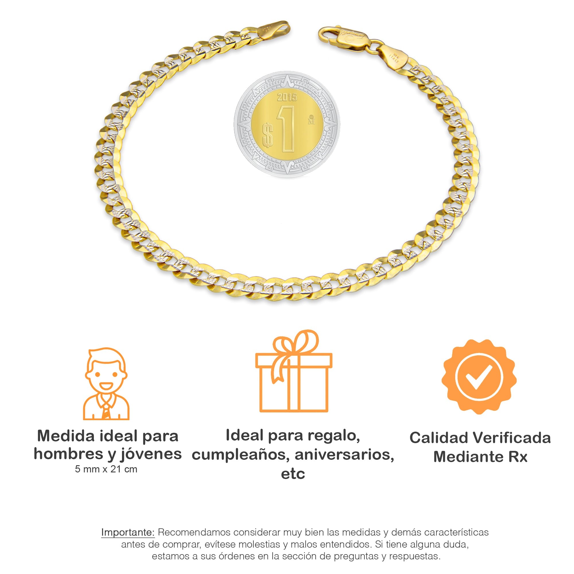 LPEPC004 Pulsera para Caballero Oro Sólido 10K Mod Cubana Americana Diamantada 5 mm x 21 cm 4287912300