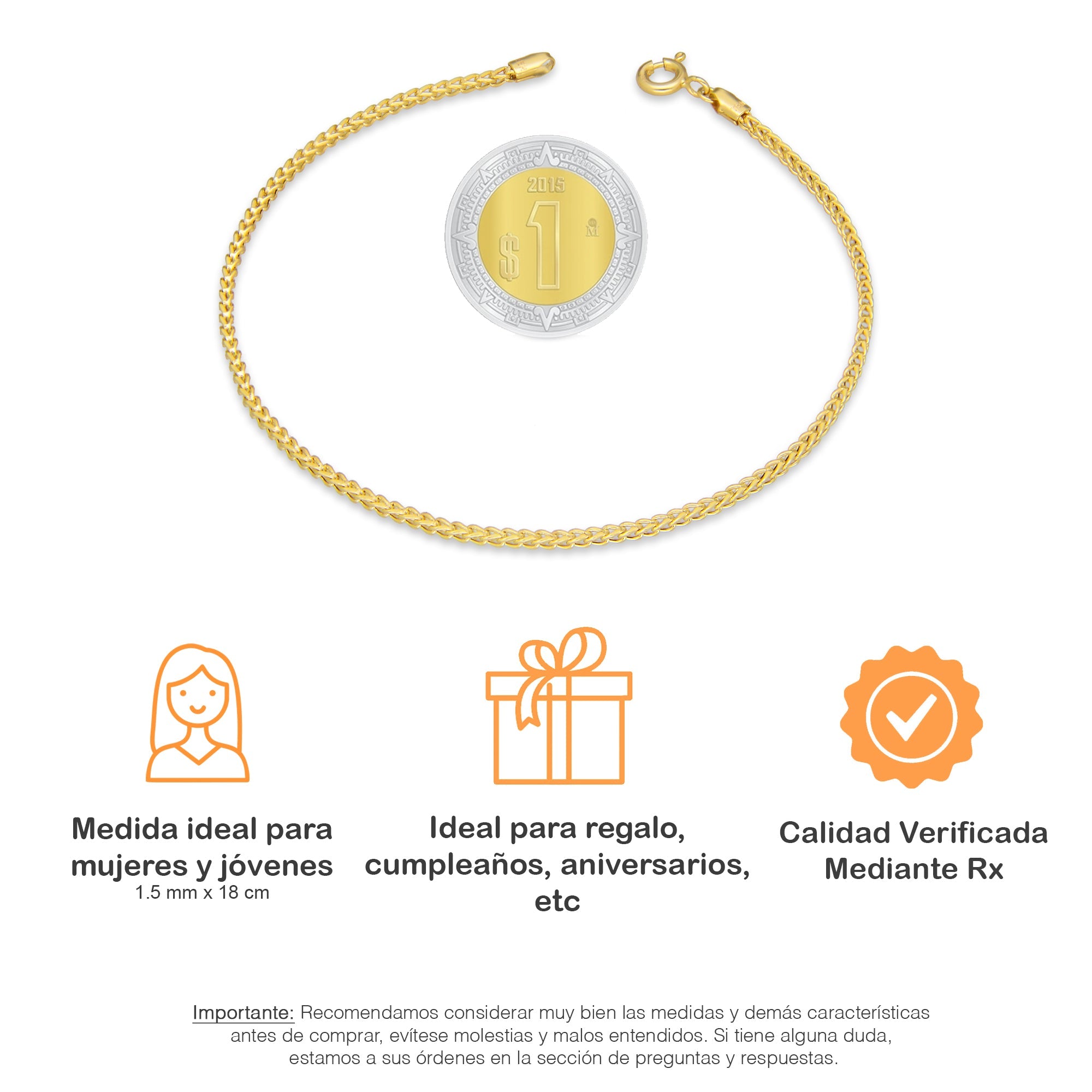 LPEPD015 Pulsera para Dama Oro Sólido 10K Mod Espiga Cuadrada Súper Ligera 1.5 mm x 18 cm 2531192837