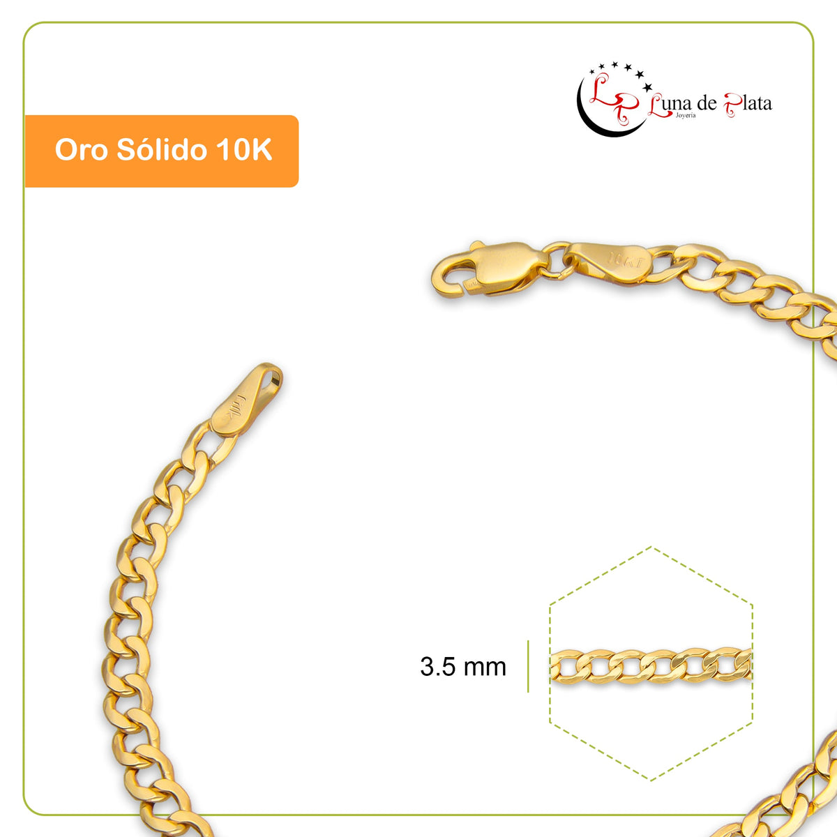 LPEPN003 Pulsera Oro Sólido 10K Mod Cubana Americana Lisa 3.5 mm x 16 cm