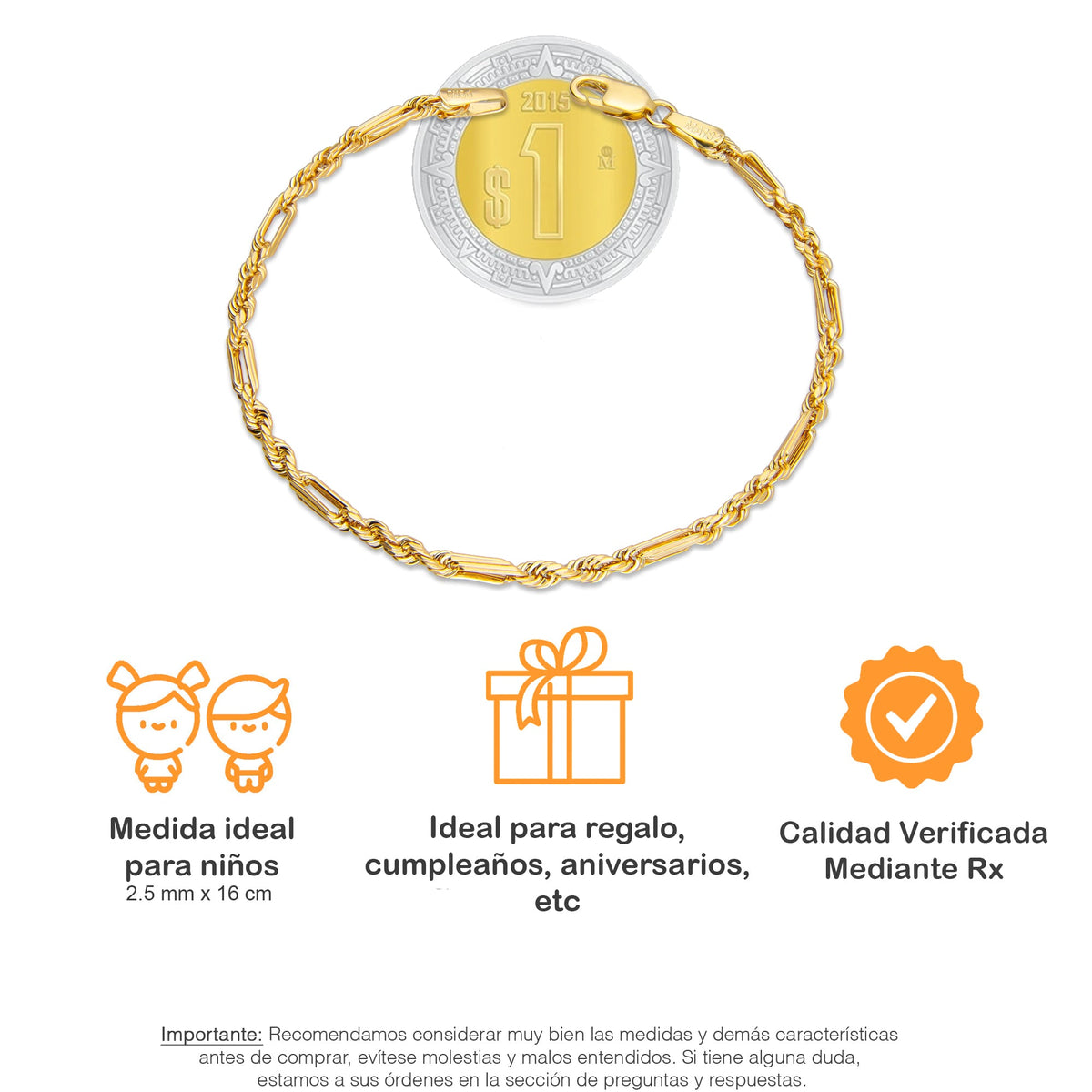 LPEPN004 Pulsera Oro Sólido 10K Mod Torsal Fígaro 2.5 mm x 16 cm