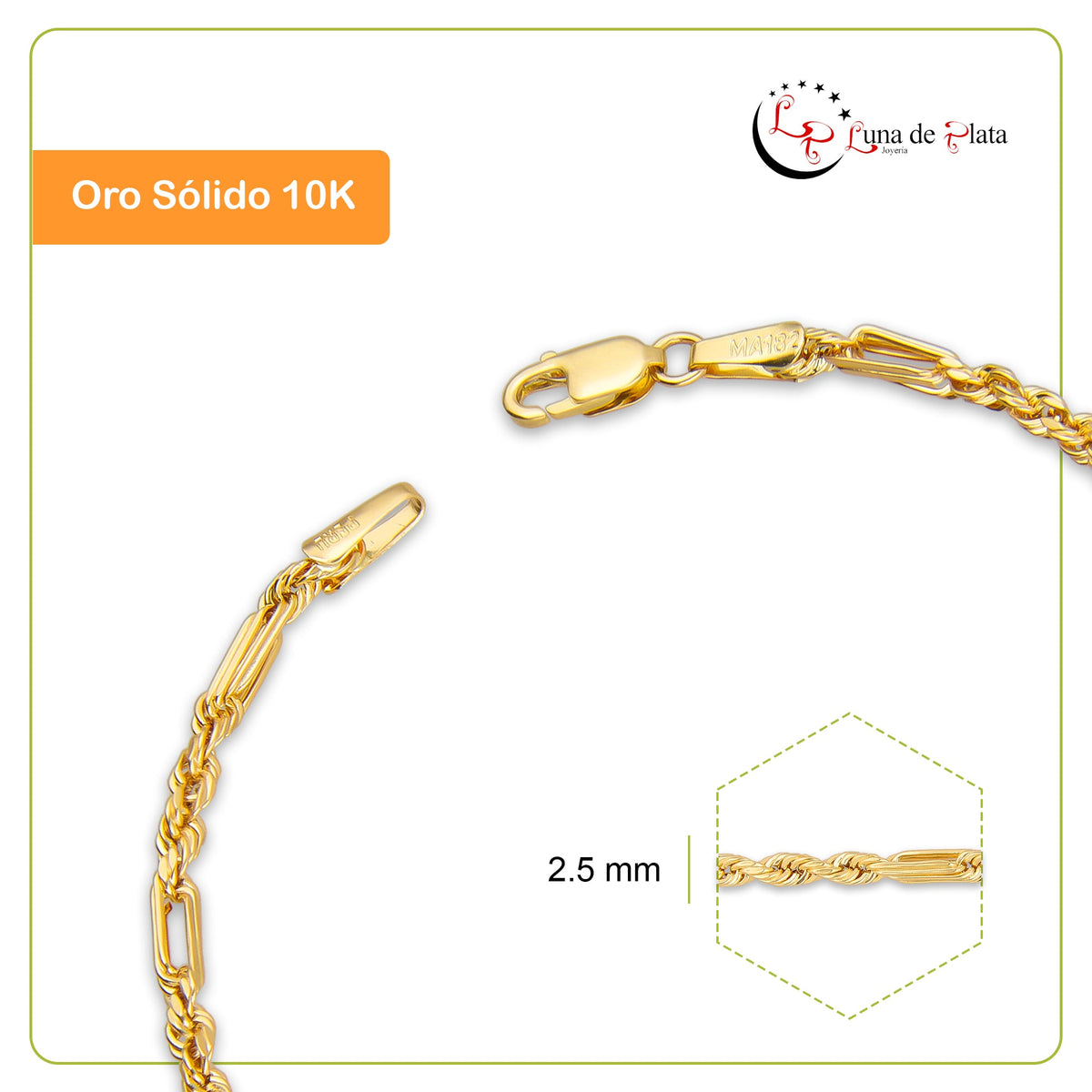 LPEPN004 Pulsera Oro Sólido 10K Mod Torsal Fígaro 2.5 mm x 16 cm
