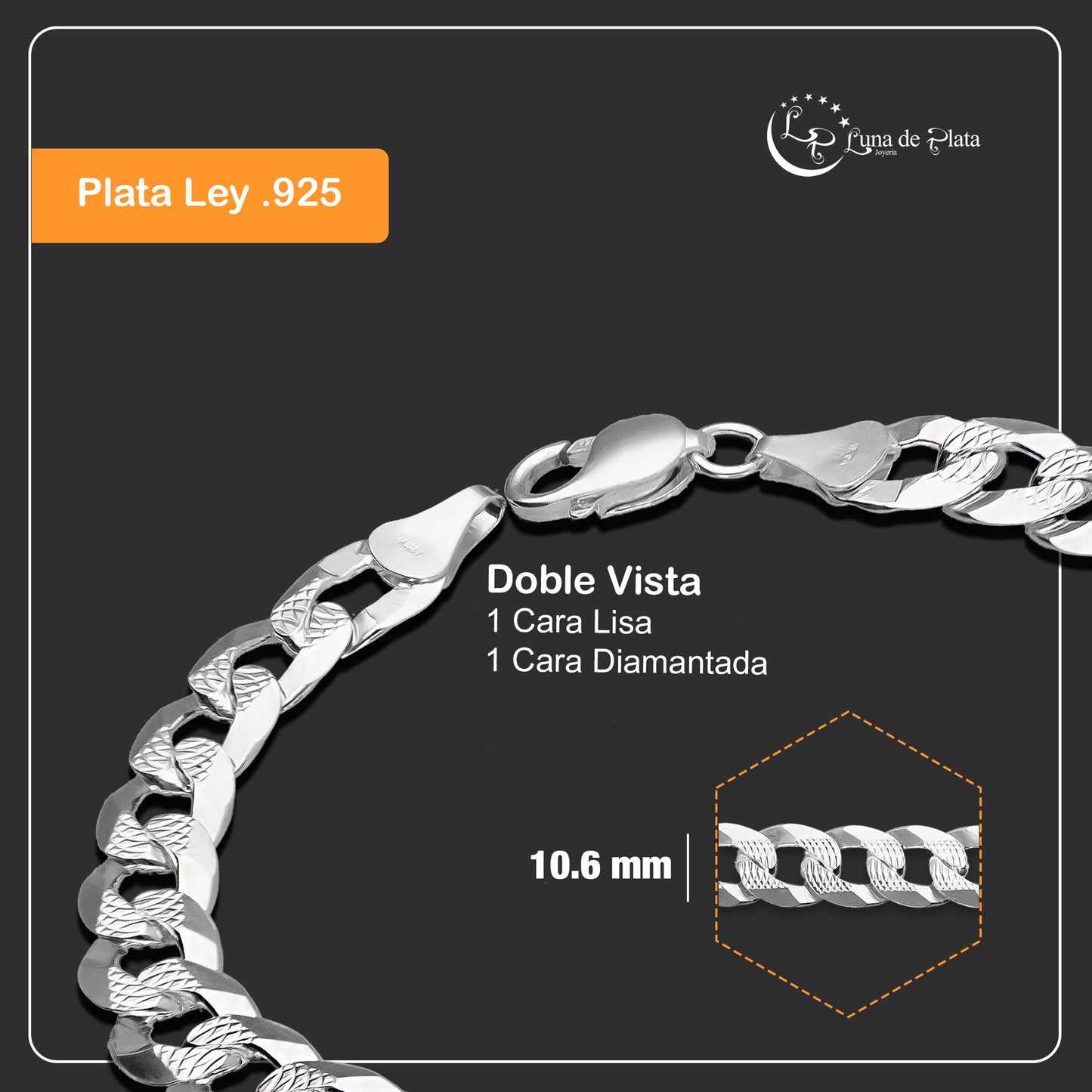 LPPC056 Pulsera  Cubana Ame 10.6 mm x 22 cm en Plata Ley .925  1506206844