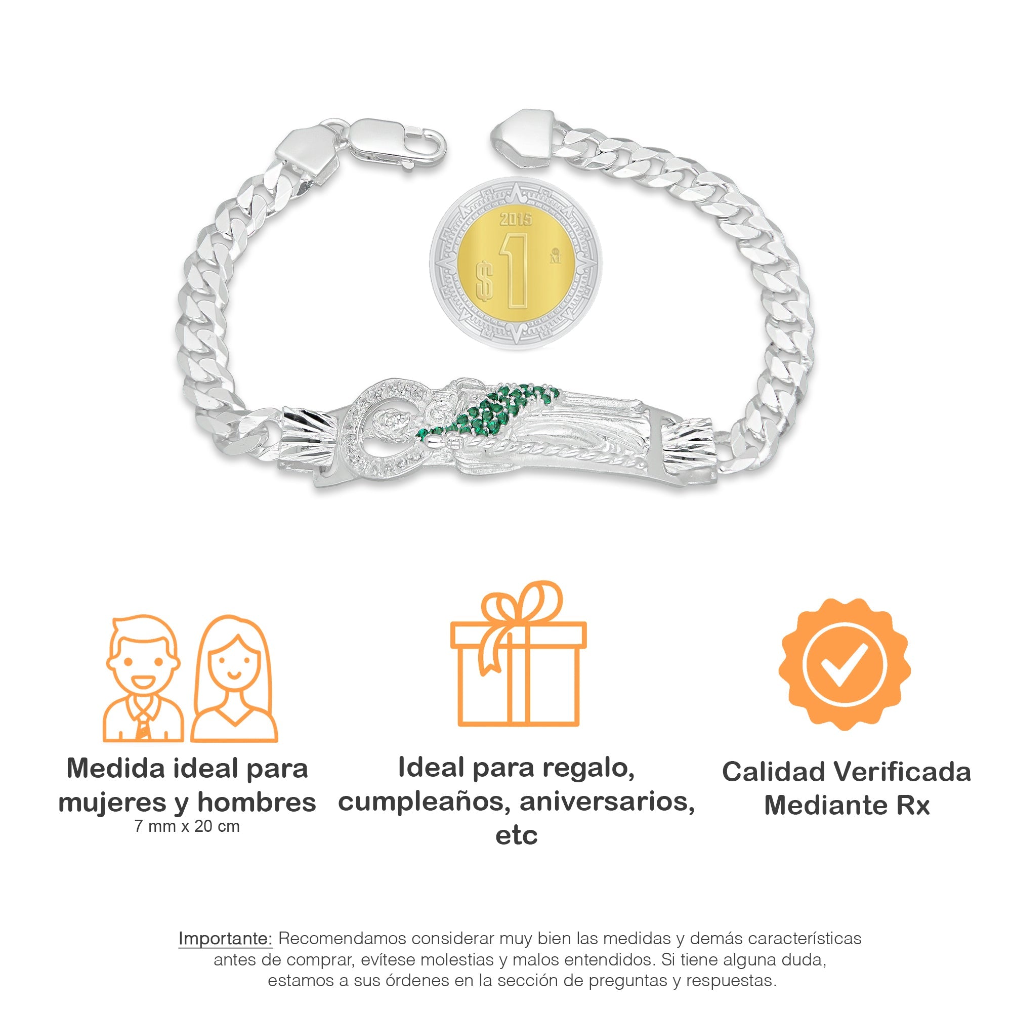 LPPC087-20 Pulsera Esclava San Judas Con Eslabones Cubano Americano 7 mm x 20 cm en Plata .925