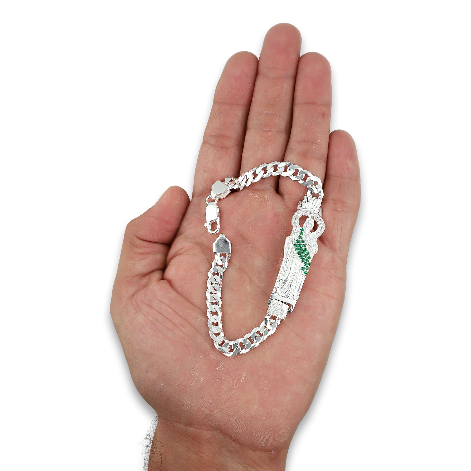 LPPC087-20 Pulsera Esclava San Judas Con Eslabones Cubano Americano 7 mm x 20 cm en Plata .925