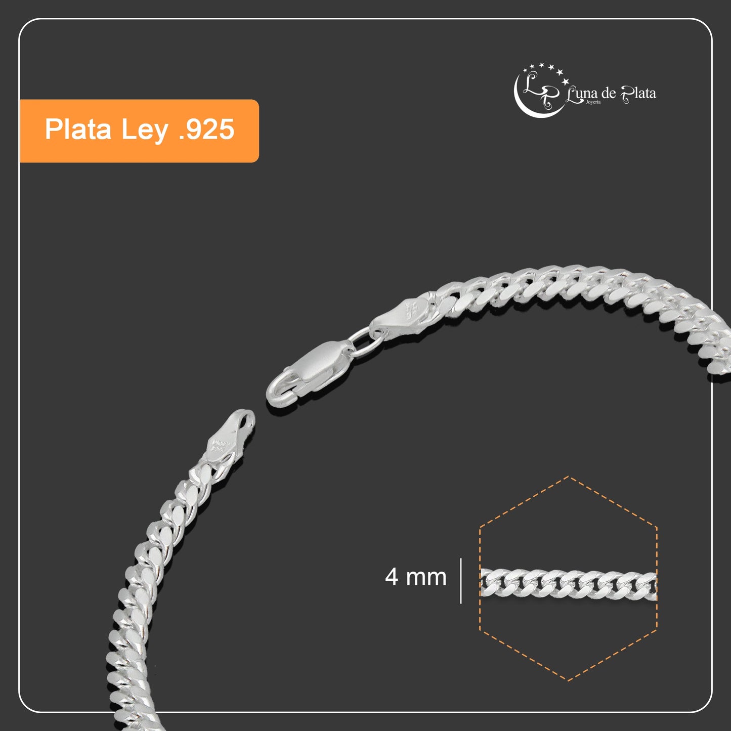 LPPC091 Pulsera Esclava Cubana Lisa 4 mm x 19.5 cm en Plata .925