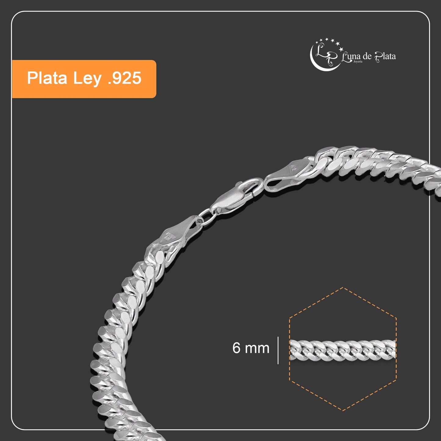 LPPC094 Pulsera Esclava Cubana Lisa 6 mm x 22 cm en Plata .925